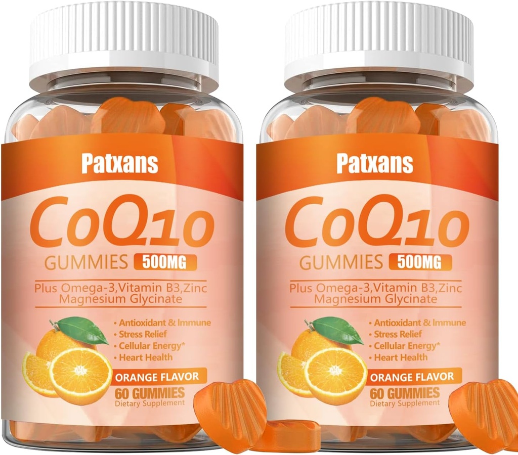 2 Packs 500MG CoQ10 Supplement Gummies, Omega-3, Magnezyum, B3, çinko, Ultra High Ab component Kalp, Hücre Enerji ve Antioksis için sağlıklı destek sağlar, 120Cts.