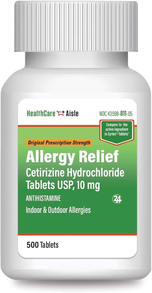 HealthCareAisle Anti Anti Anti Anti Allergy Relief - Cetirizine Tablet Tabletleri USP, 10 mg - 500 Tablet - Orijinal Prescription Strength Alerji ilaçları, 24 Saat Yardımı