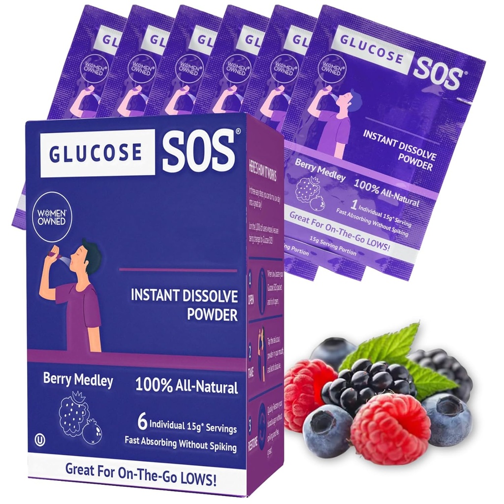 Glucose SOS Glucose Berry Medley Glucose Toz, Natural Dextrose Packets, Fast-Abxia, Instantly Dissolves, No Water Needed, 6 Sachets per Box