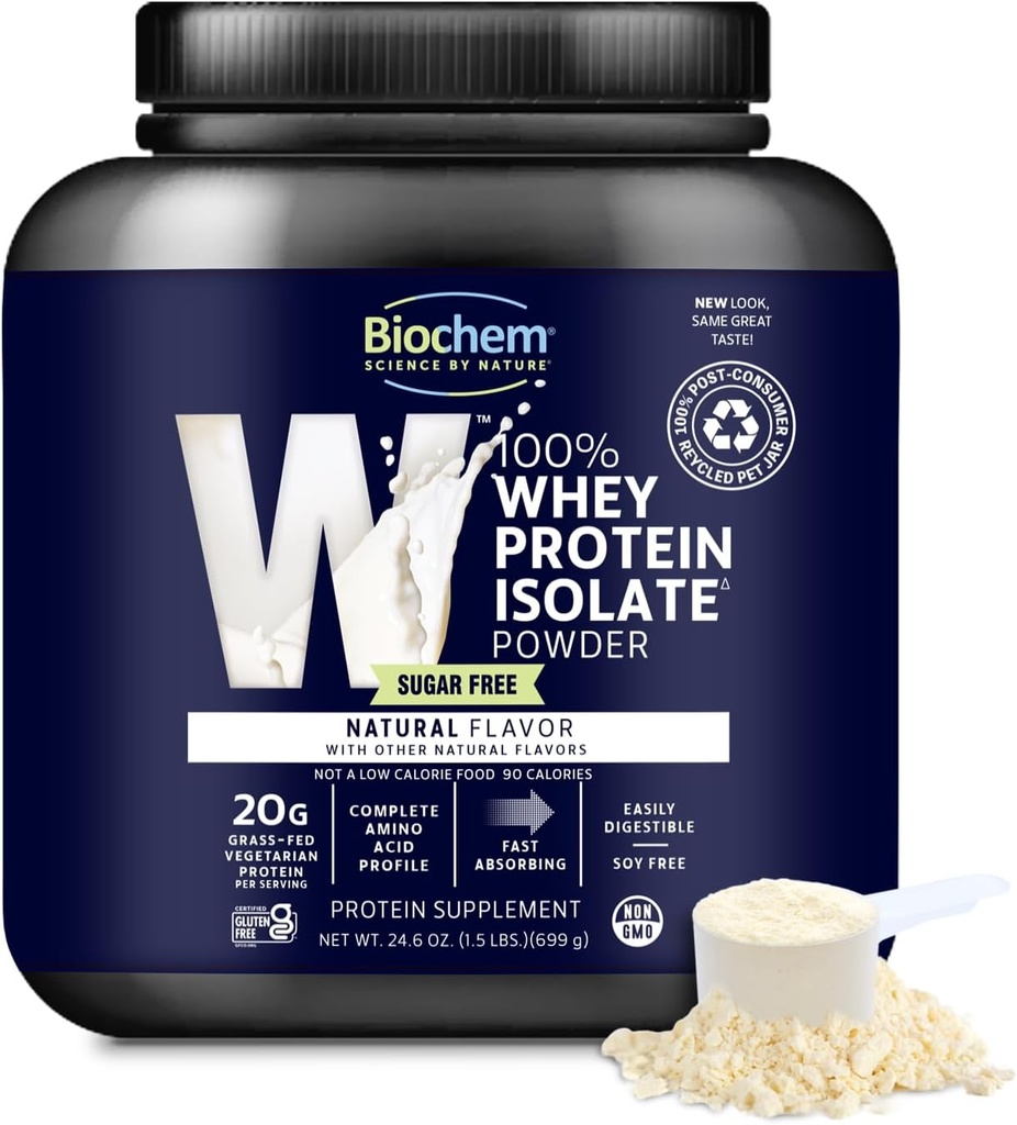 Biochem% 100 Whey Isolate Protein Tozu - Grass Fed, Low Carb, Keto-Friendly, Non-GMO, Gluten-Free - Supports Immune Health & Muscle Recovery 20g Vegetarian protein per Service - Natural Flavor,1.5lb