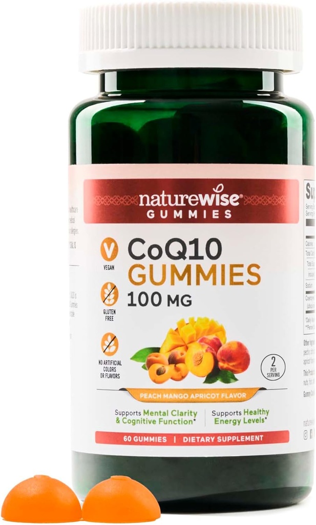 NatureWise CoQ10 Gummies 100 mg - Peach Mango Flavor - Kalp Sağlığı ve Antioksit Aktivitesi için Tamam - Pectin-Based, Vegan, Soy ve Gluten Free, Non-GMO - 60 Kont[1-Month Supply]