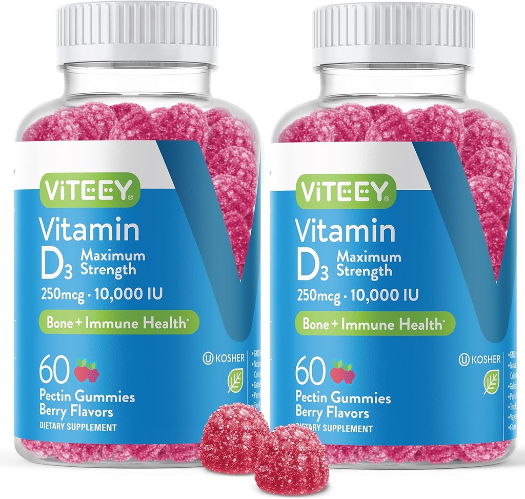 VITEEY Vitamin D3 Gummies for Adults & Teens - 10,000 IU, 250mcg, Maximum Strength - Joint & Muscle Health, Immune Boost - Chewable Vitamin D Gummies - Vegetarian, Gelatin Free - Tasty Berry Flavored