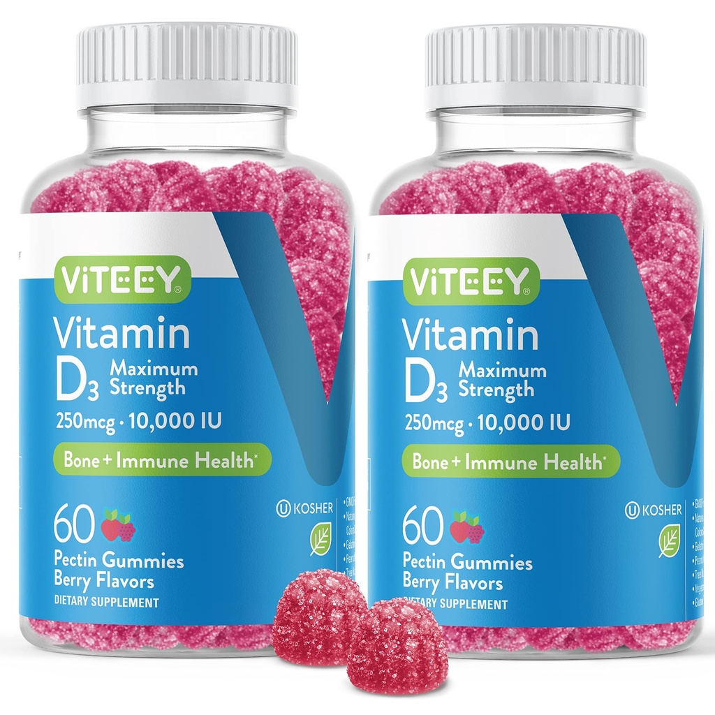 VITEEY Vitamin D3 Yetişkinler ve Gençler için Gummies - 10.000 IU, 25006, maksimum Güçlü - Ortak & Kas Sağlığı, Immune Boost - Chewable Vitamin D Gummies - Vegetarian, Gelatin Free - Tasty Berry Flavored