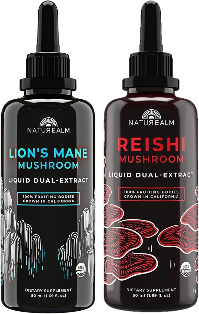 Naturealm Reishi & Lion's Mane Mushroom Extract - Focus için Adaptogen Stack, Immunity, Longevity, Gut Health, Anti-Aging, Energy & More - Organik Liquid Drops - 50 mL Her (2 Pack)