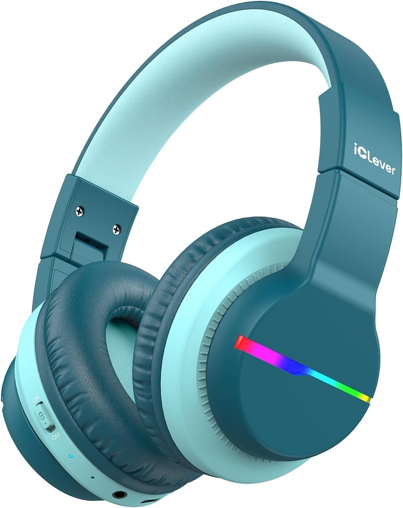 IClever BTH12 Παιδικά ακουστικά Bluetooth, Πολύχρωμα φώτα LED Ασύρματα ακουστικά παιδιών,74/85dBA Ασφαλής όγκος,85H Playtime,Bluetooth 5.2,Over ακουστικά αυτί Ενσωματωμένο Mic για iPad/Tablet/Airplane, Green