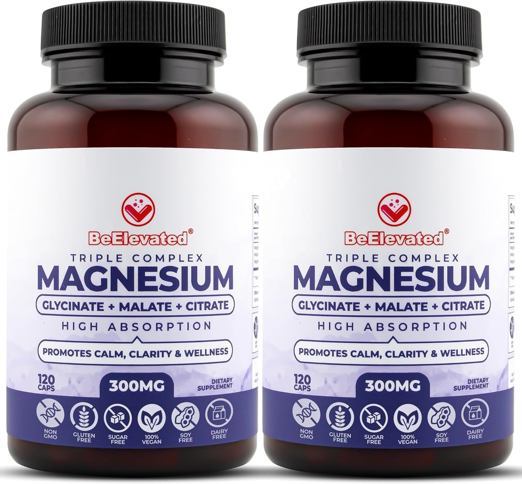 Triple Complex Magnesium Supplement – Γρήγορο Συμπλέγματος Μαγνήσιου Συμπλέγματος με Γλυκινικό, Κιτρικό & Κακό για τη συνολική ευεξία – Φυσικό, Vegan, Κάψουλες Μη ΓΤΟ (300mg) (2-Pack)
