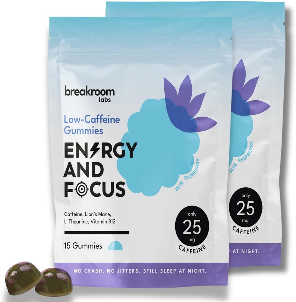 Breakroom Labs Enerji ve Focus Gummies - Low Caffeine 25 mg w/L-Theanine, Lions Mane, Vitamin B12 - Yetişkinler için Hiçbirotropik Beyin Tamamı, Çocuklar - Vegan, Low Sugar, Blue Raspberry Flavor, 30 Hizmetler