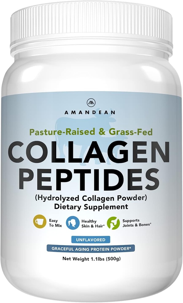 AMANDEAN Collagen Peptides Powder (17,6oz). Γρασίδι-Fed υδρολυμένη πρωτεΐνη συμπλήρωμα. Προωθεί υγιείς αρθρώσεις, δέρμα, μαλλιά, νύχια. Άγευστο & εύκολο να αναμίξετε.