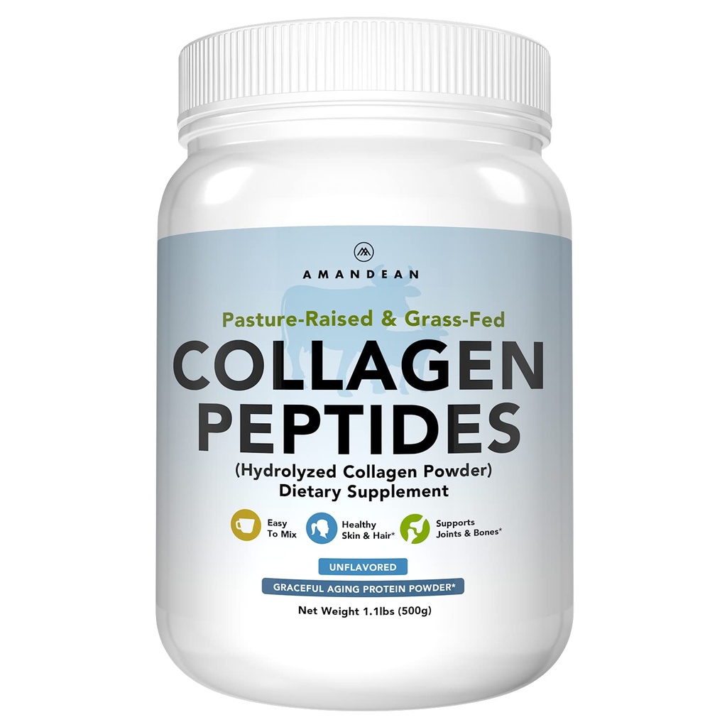 AMANDEAN Collagen). Toz (17.6oz). Grass-Fed Hydrolyzed Protein Supplement. Sağlıklı Ortaklar, Cilt, Saçlar, Naillar. Unflavored & Easy to Mix.