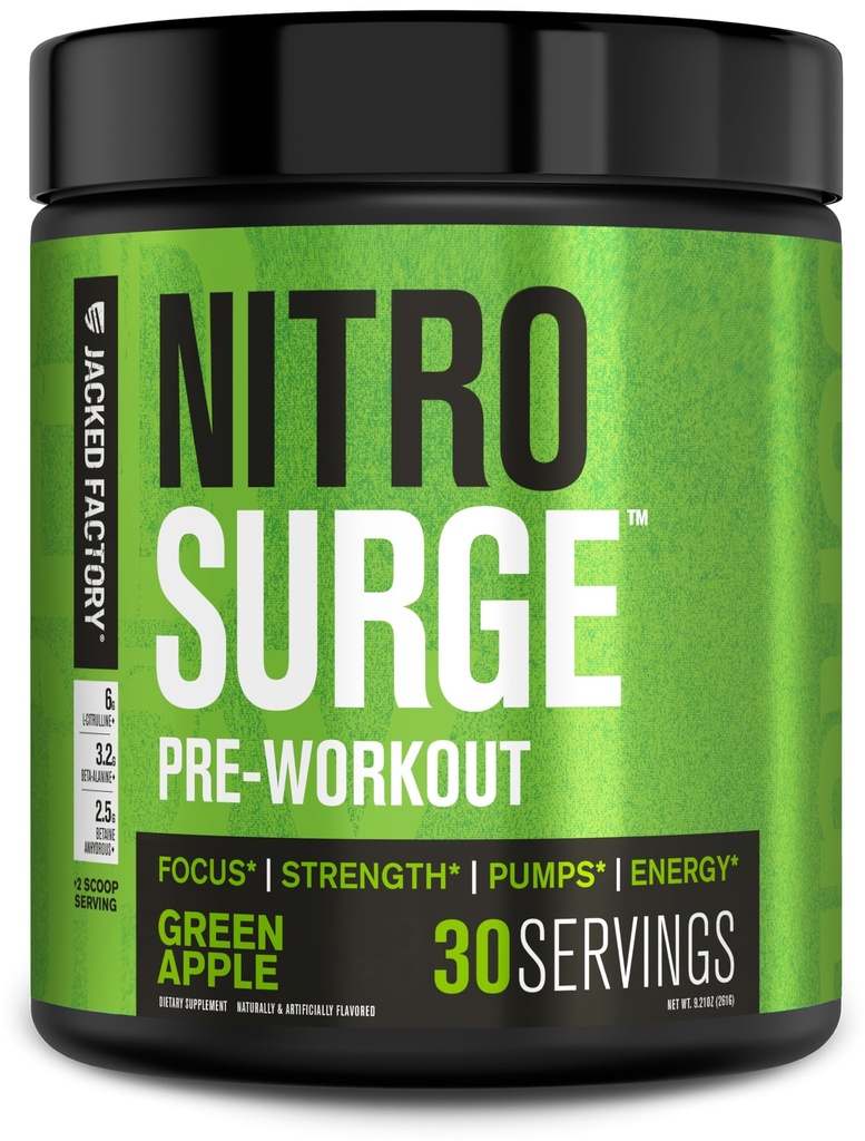 Jacked Factory NITROSURGE Pre Workout Supplement - Endless Energy, Instant Strength Gains, Clear Focus, Intense Pumps - NO ATM & Güçlü Preworkout Energy Toz - 30 Hizmet, Yeşil Apple
