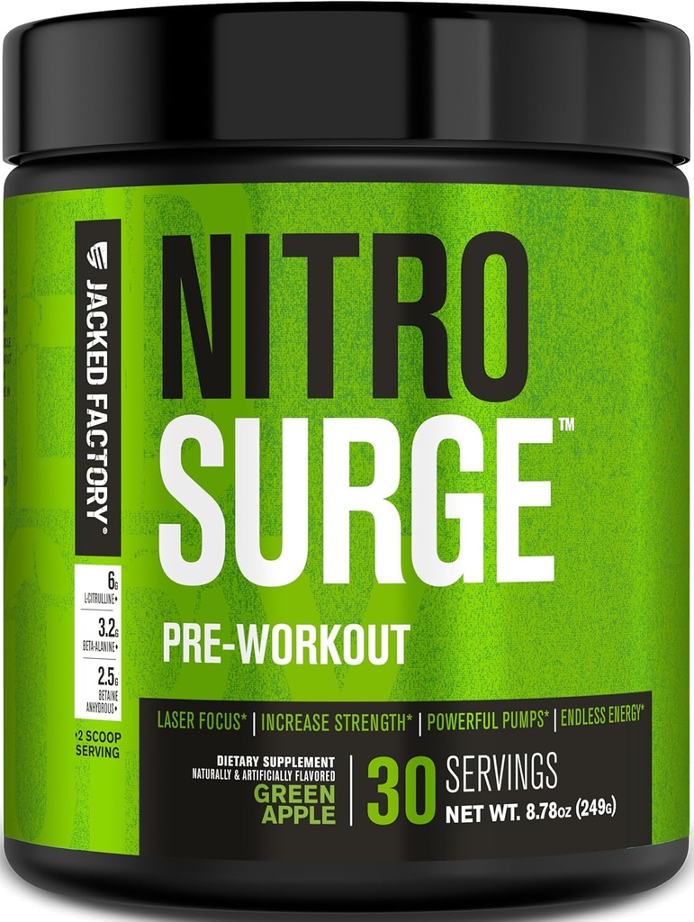 Jacked Factory NITROSURGE Pre Workout Supplement - Endless Energy, Instant Strength Gains, Clear Focus, Intense Pumps - NO ATM & Güçlü Preworkout Energy Toz - 30 Hizmet, Yeşil Apple