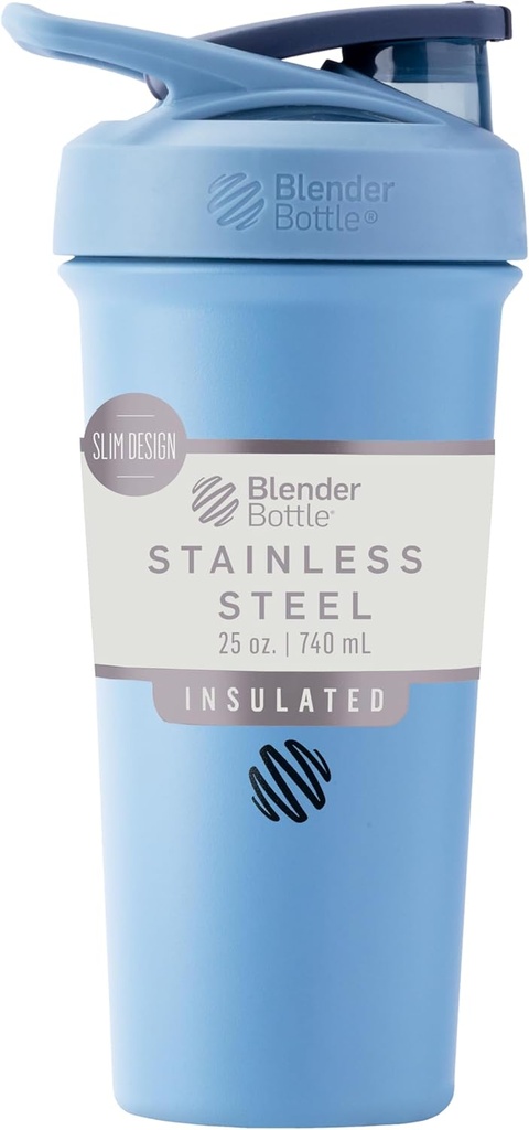 BlenderBottle Sport Sleek, Paslanmaz Çelik Shaker Şişe'yi Wiresk, 25-Ounce, Dusty Blue – Protein Shakes & Hydration for Athletes & Fitness Enthusiasts, Easy Mix, Slim Easy to Hold, Keeps Drinks Cold, Lockable Lid