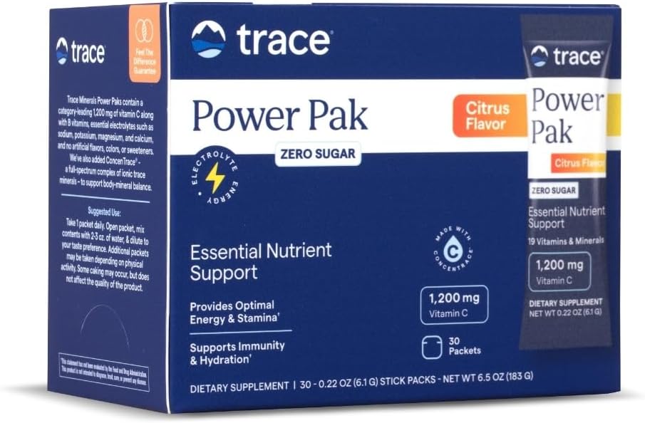 Trace Minerals Power Pak Multivitamin and Multimineral Packets - Electrolyte Support - 1200 mg Vitamin C Plus 70 Sugar Free - Citrus Flavor - 30 Packets