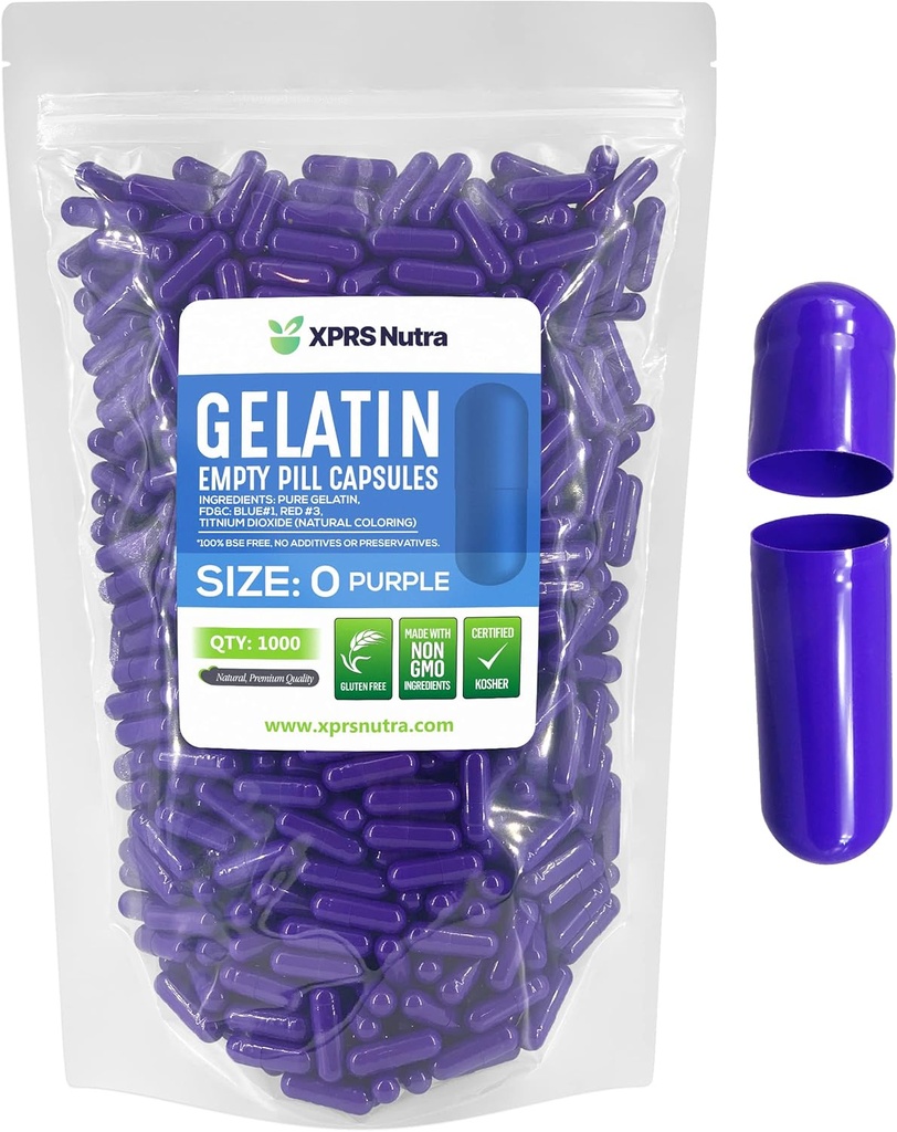 XPRS Nutra Μέγεθος 0 Άδειες κάψουλες - 1000 Count Empty Gelatin Κάψουλες - Χάπια DIY Καψάκιο Γέμισμα - Αγνά καπάκια τζελ Μπόβιν Χάπι για το Do-It-Yourself Συμπληρώματα (Purple)