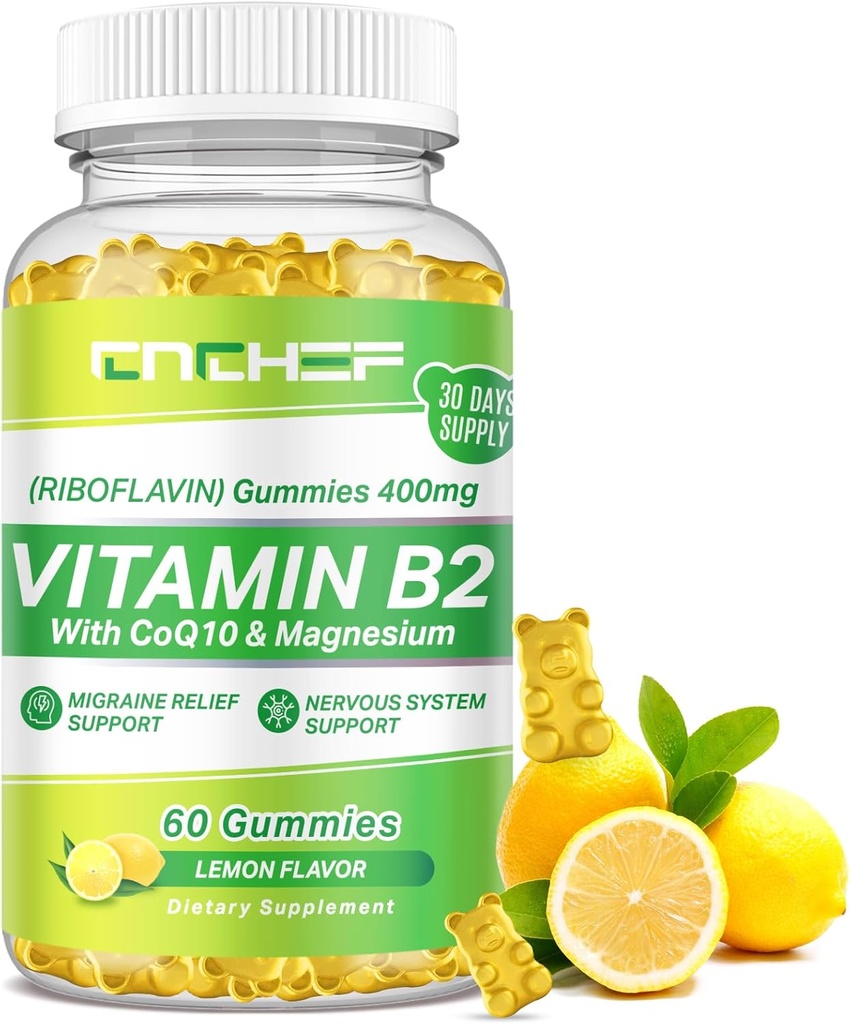 Yetişkinler ve Çocuklar için B2 Vitamini - Riboflavin 400 mg Supplement with Magnezyum Glycinate & CoQ10, Support Migraine Relief & Nervous System, Boost Energy, Sugar Free Vegan B2 Gummies Lemon Flavor