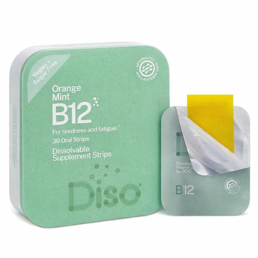 DISO - Vitamin B12 - Fast-Dis çözme Oral Strips, Tiredness ve Fatigue için, Orange Mint Flavor, Vegan, Sugar Free, maximum Abxia, Gluten Free, Bireysel olarak sarsıldı 30 Dissolvable Strip