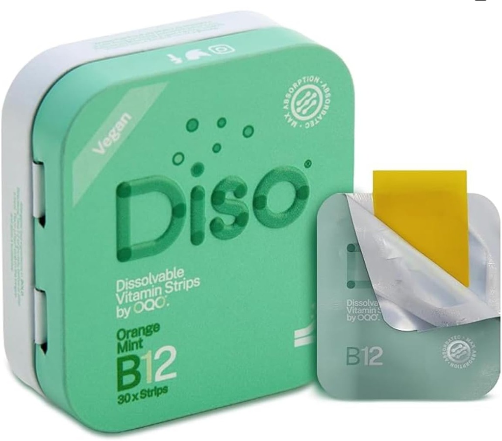 DISO - Vitamin B12 - Fast-Dis çözme Oral Strips, Tiredness ve Fatigue için, Orange Mint Flavor, Vegan, Sugar Free, maximum Abxia, Gluten Free, Bireysel olarak sarsıldı 30 Dissolvable Strip