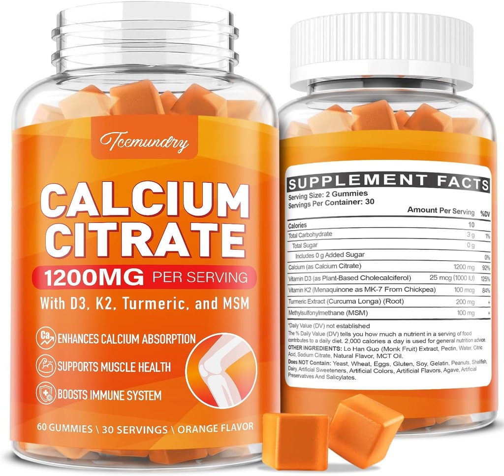 Calcium 1200 mg with Vitamin D3 Supplement Gummies for Adults: Ultimate Absorption Calcium Citrate with Vitamin D3 K2, Turmeric Extract, MSM for Women Men