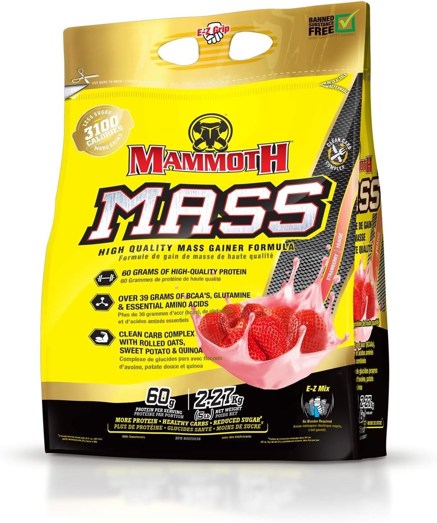 MAMMOTH Mass: Kilo Winer, High Calorie protein Toz Workout Smoothie Shake, Meal Change, Low Sugar, Whey Isolate Inter, Casein proteini, Yüksek Protein (Strawberry, 5lb)