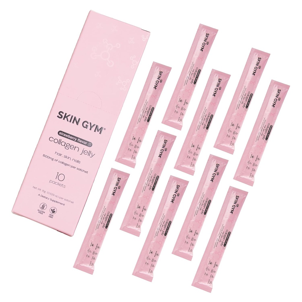 Skin Gym Collagen Jelly 10Pack, Marine Collagen, C & Hyaluronic Acid, Daily Beauty Supplement for Hair, Skin & Nails, Strawberry Flavor, 10 Pack