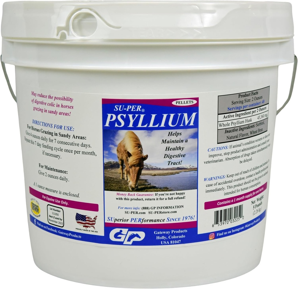 SU-PER Psyllium Pellets Equine Supplement - Διατηρεί Υγιή Πειθαρχική Ελκυστική στα Άλογα - Υποστηρίζει την αφαίρεση της άμμου & της βρωμιάς από την Εντερική Ελκυστική - 5 Λίρες, 1 Μήνα Προμήθεια