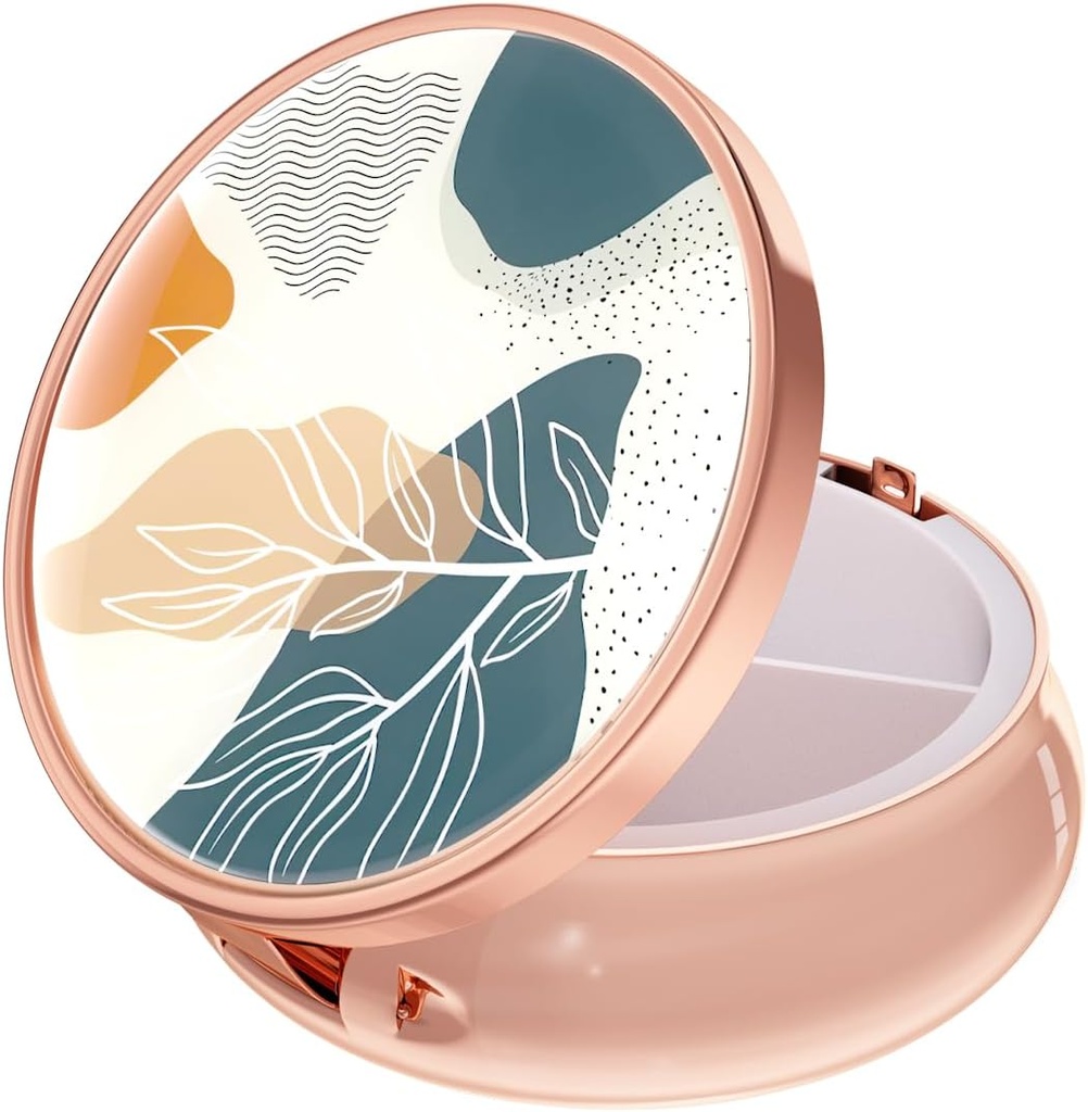 Rouidr Pill Box, 3 Karşılaştırmalı Tıp Pill Case, Small Metal Travel Medicine Box for Purse & Pocket, Rose Gold, Abstract Boho Leaf