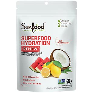 Sunfood Superfood Hydration Renew- Coconut Water Toz, Lemon, Sea Salt & Minerals ile elektrolit Toz, Temiz Organik Elektrolyte İçecek Mix - 8 oz Bag