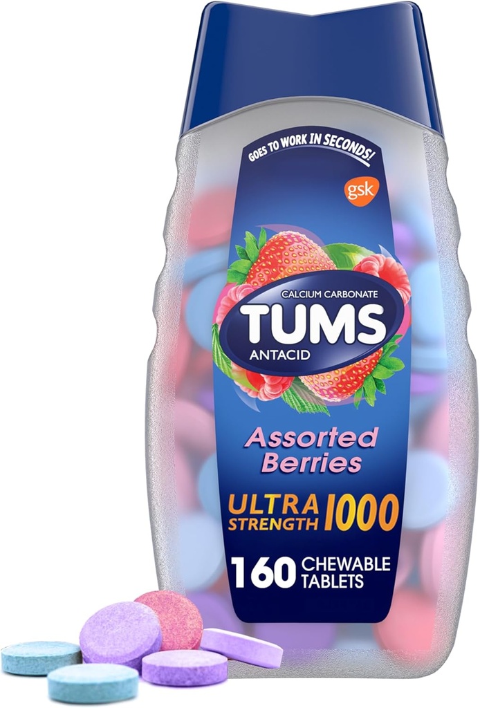 TUMS Ultra Strength Chewable Antacid Tabletleri Heartburn Relief ve Acid Indigestion Relief, Assorted Cave - 160 Kont