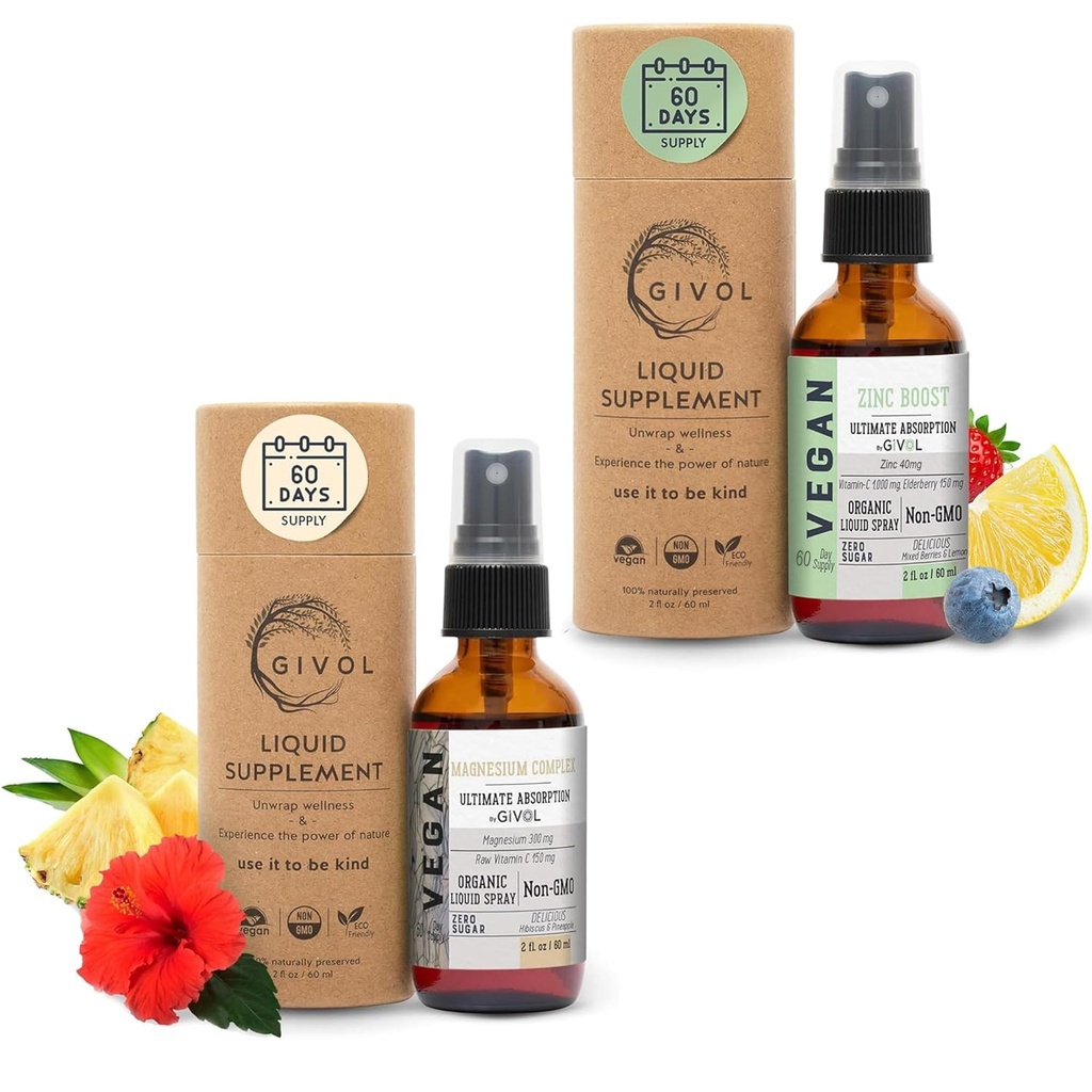 Tri Kompleksi - Magnezyum Biglycinate, Citrate & Taurate Liquid Spray 300 mg w/Raw Vitamin C ve Organik ZINC Boost Mist 40 mg (Extra Strength) - Sugar Free with VIT C and Elder