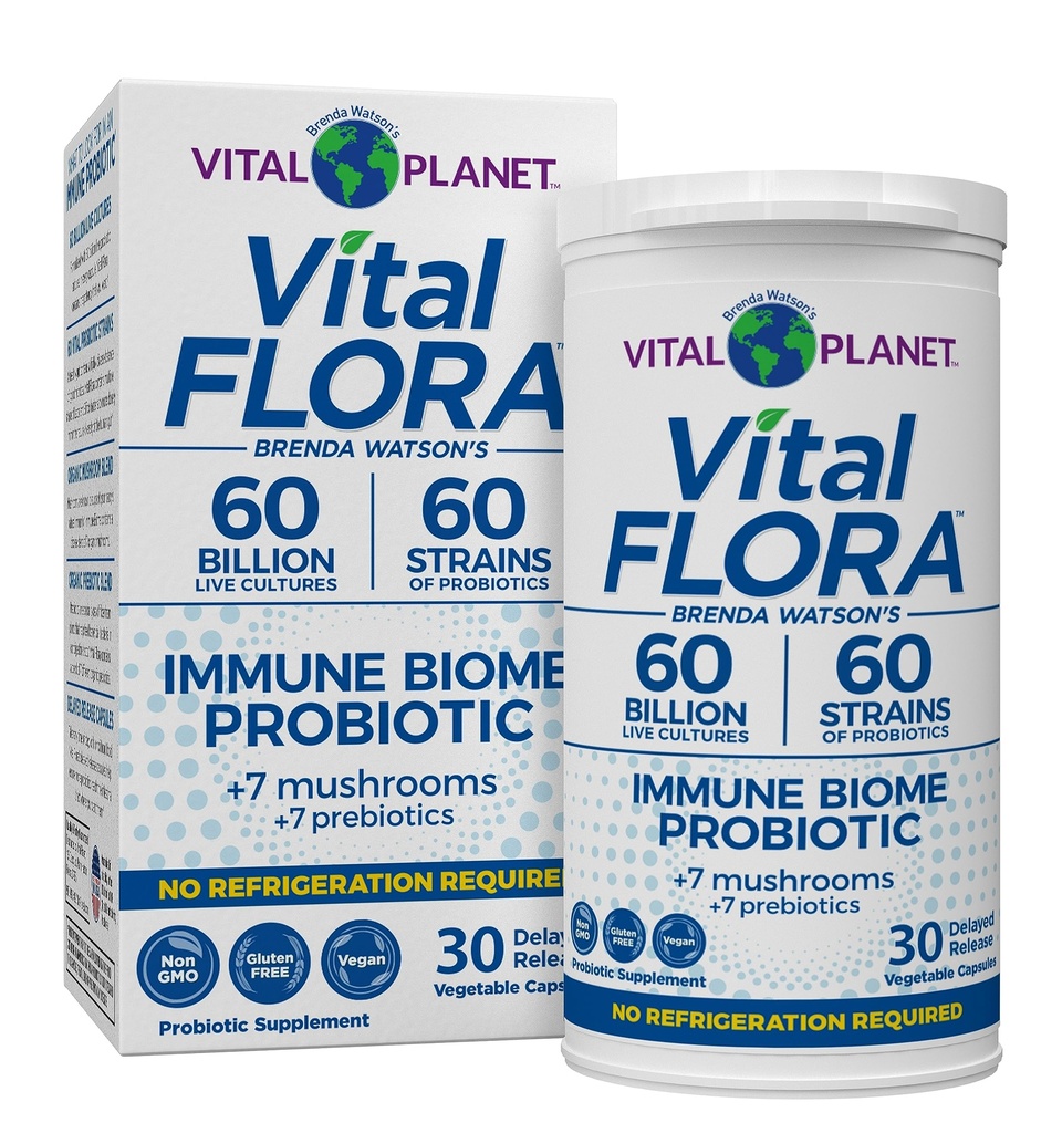 Vital Planet - Vital Flora Immune Support Probiotic, 60 Billion CFU, 60 Diverse Strains, 7 Organic Mushroom Supplement Blend with Prebiotics, Ράφι Stable Digestive Health Probiotics 30 Κάψουλες