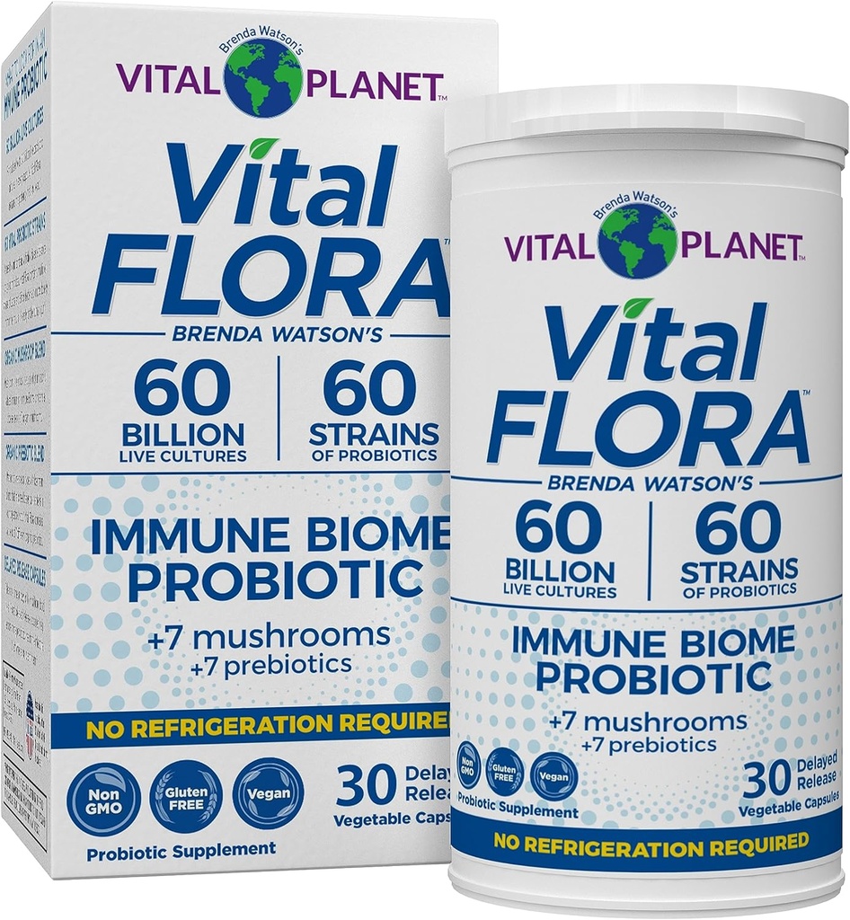 Vital Planet - Vital Flora Immune Support Probiyotik, 60 Milyar CFU, 60 Diverse Strains, 7 Organik Mushroom Supplement Meeting with Prebiyotiks, Raf Stable Digestive Health Probiyotiks 30 Capsules