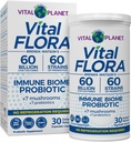 Vital Planet - Vital Flora Immune Support Probiyotik, 60 Milyar CFU, 60 Diverse Strains, 7 Organik Mushroom Supplement Meeting with Prebiyotiks, Raf Stable Digestive Health Probiyotiks 30 Capsules