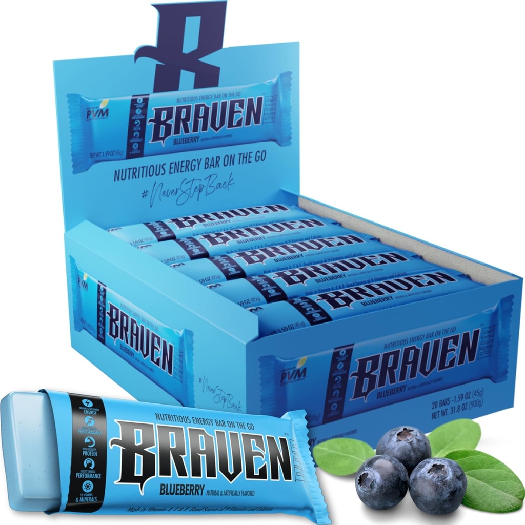 Braven Bar Blueberry Energy Bars (1.59 oz, 20 Paket) – 5g Protein ile Enerji Chews – Koşu, Yürüyüş ve Spor için Enerji Atıştırıcıları – Sustained Energy Boost için Gluten Free Snacks