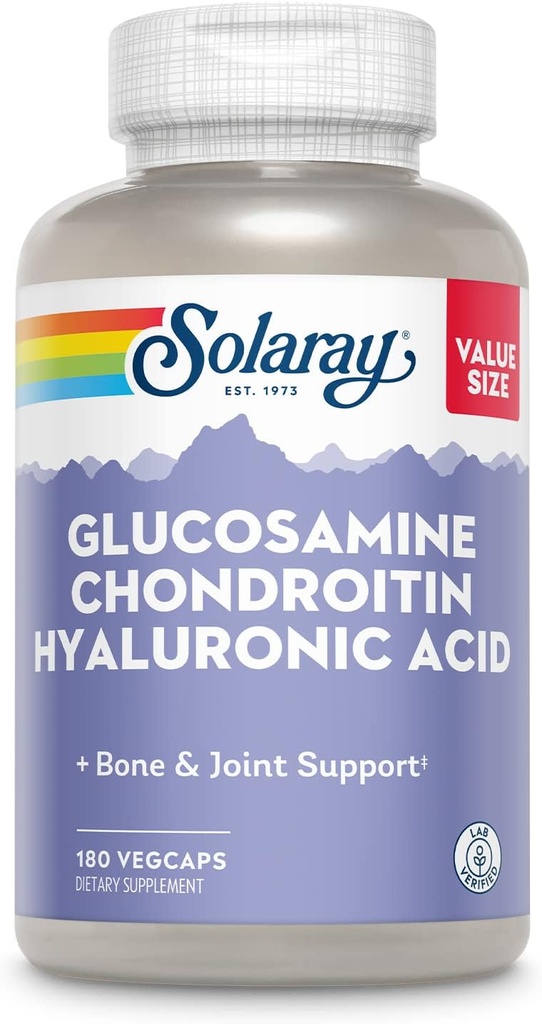 SOLARAY Glucosamine Chondroitin Hyaluronik Asit, Sağlıklı Kemik ve Ortak Destek Supplement Plus C Gelişmiş Aborpsiyon, Lab TY, 60 Günlük Garanti, 60 Hizmet, 180 VegCaps