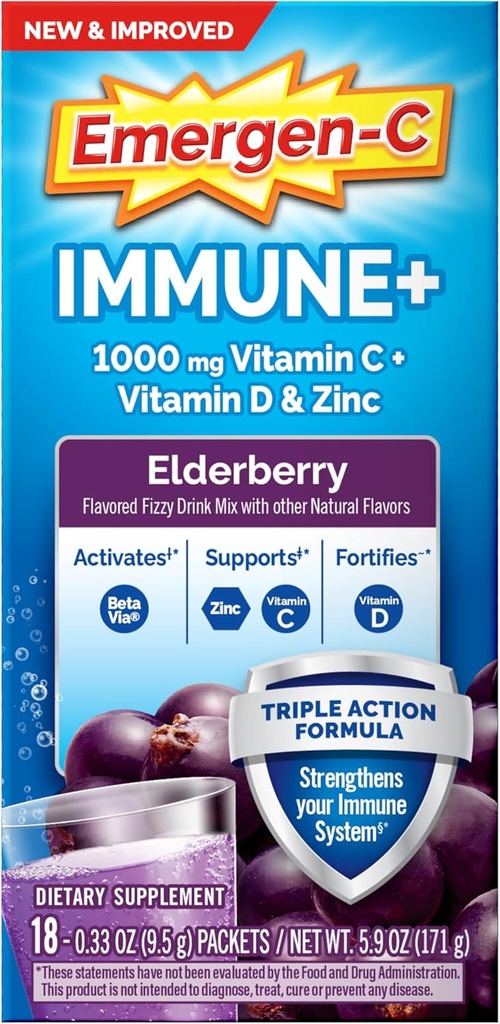 Emergen-C Immune+ Triple Action Immune Support Toz, BetaVia (R), 1000 mg C, B Vitaminleri, D ve Antioksis, Elderberry, Back to School Essentials - 18 Count