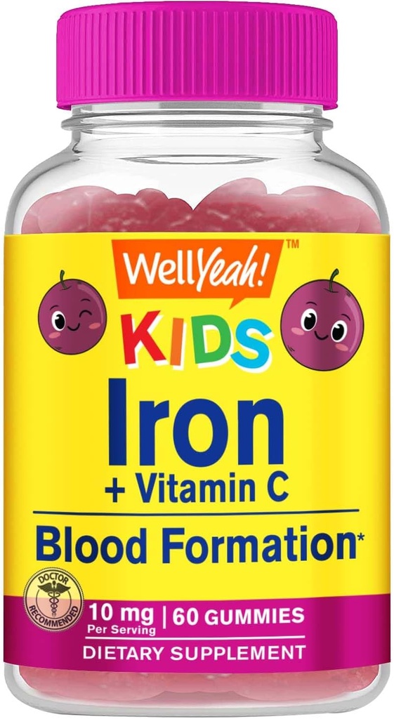 WellYeah Iron Gummies for Kids with Vitamin C - Υποστήριξη αναιμίας, Σχηματισμός ερυθρών αιμοσφαιρίων, ενέργεια και ανοσία Υποστήριξη Gummy, συμπληρώματα σιδήρου για παιδιά - GMO δωρεάν, φυσικό άρωμα σταφυλιών - 60 κόμης