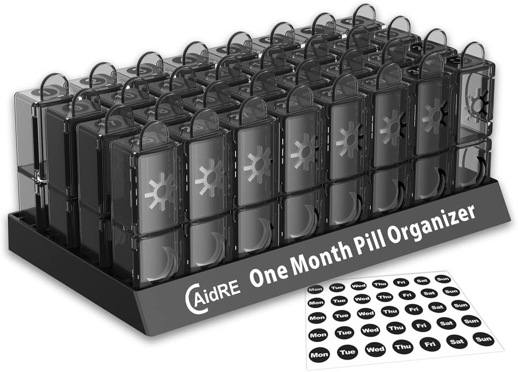 Monthly Pill Organizer 2 Times a Day, CAidRE 30 Day Pill Organizer AM PM, One Moon Pill Box and Organizer, 31 Günlük Pill Organizer, Balık Yağı, Vitaminler, Tamamlar, Black