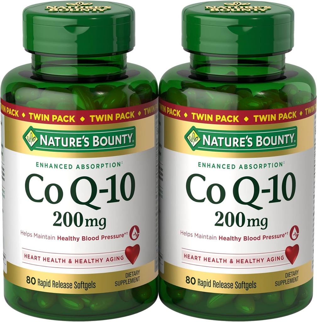 Nature's Bounty CoQ10 200 mg Softgels, Heart Health & Cellular Energy Support, Twin Pack, 160 Hızlı Yayın Softgels