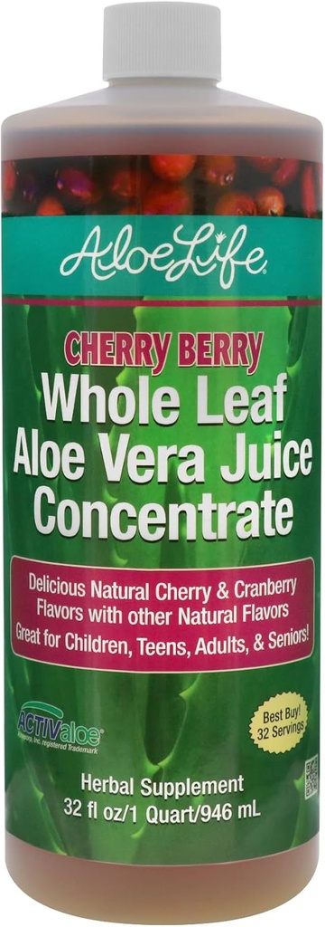 Aloe Life - Whole Leaf Aloe Vera Juice, sertifikalı Organik, Gluten-Free (Cherry Berry, 32 oz)