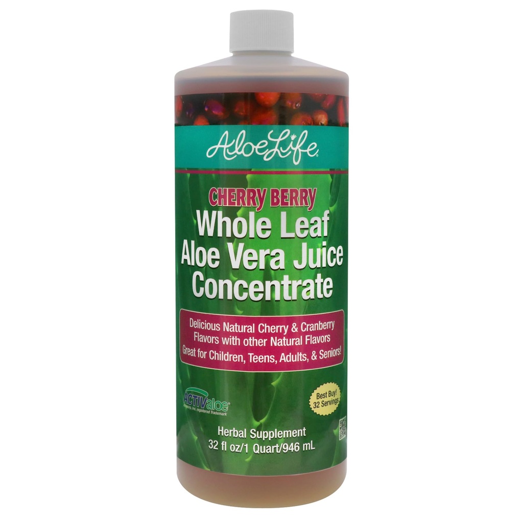 Aloe Life - Whole Leaf Aloe Vera Juice, sertifikalı Organik, Gluten-Free (Cherry Berry, 32 oz)