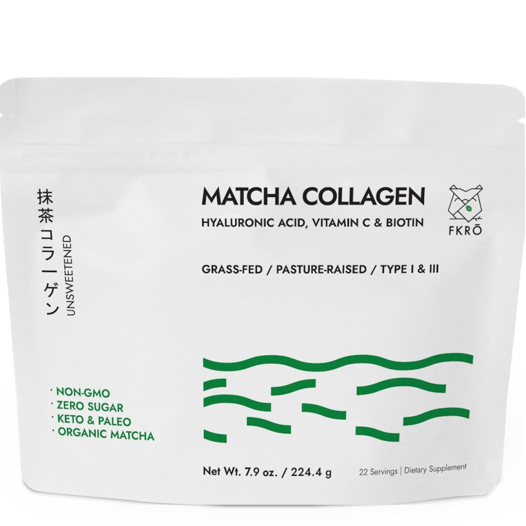 FKRO Matcha Collagen Powder w Biotin, Hyaluronic Acid & Vitamin C - Healthy Hair, Skin & Nails - Natural Type I & III Hydrolyzed Collagen Powder, Unsweetened Matcha Latte - 22 Servings, 7.9oz