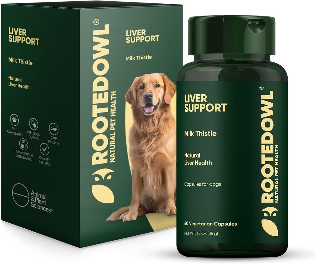 Rooted Owl Liver Support for Dogs - Natural Liver Health Supplement - Milk Thistle for Dogs - Vegetarian Capsules - 60/ct