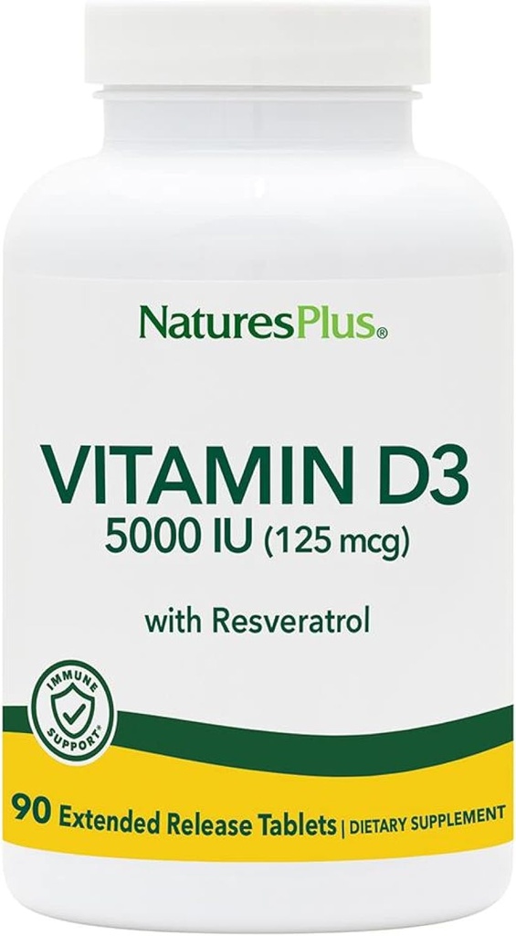 Natures Plus Vitamin D3, Genişletilmiş Yayın - 90 Vegan Tabletler - 5000 IU + 25 mg Trans-Resveratrol - Heart & Bone Health, Immune System Support, Anti-Aging - Gluten Free - 90 Hizmetler