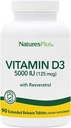 Natures Plus Vitamin D3, Genişletilmiş Yayın - 90 Vegan Tabletler - 5000 IU + 25 mg Trans-Resveratrol - Heart & Bone Health, Immune System Support, Anti-Aging - Gluten Free - 90 Hizmetler