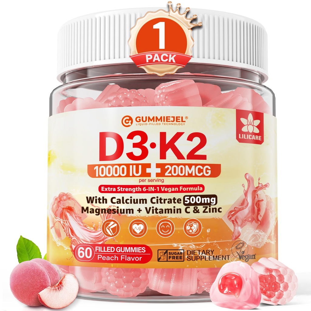 D3 K2 Gummies 5000IU / 10.000 I with 500 mguba + K2 (MK-7) 20006, Magnezyum, C & çinko, Ekstra Kuvvet - Bones için Ultimate Absorbency, Teeth, Vegan, 60 Kont (Polonya, 1,5)
