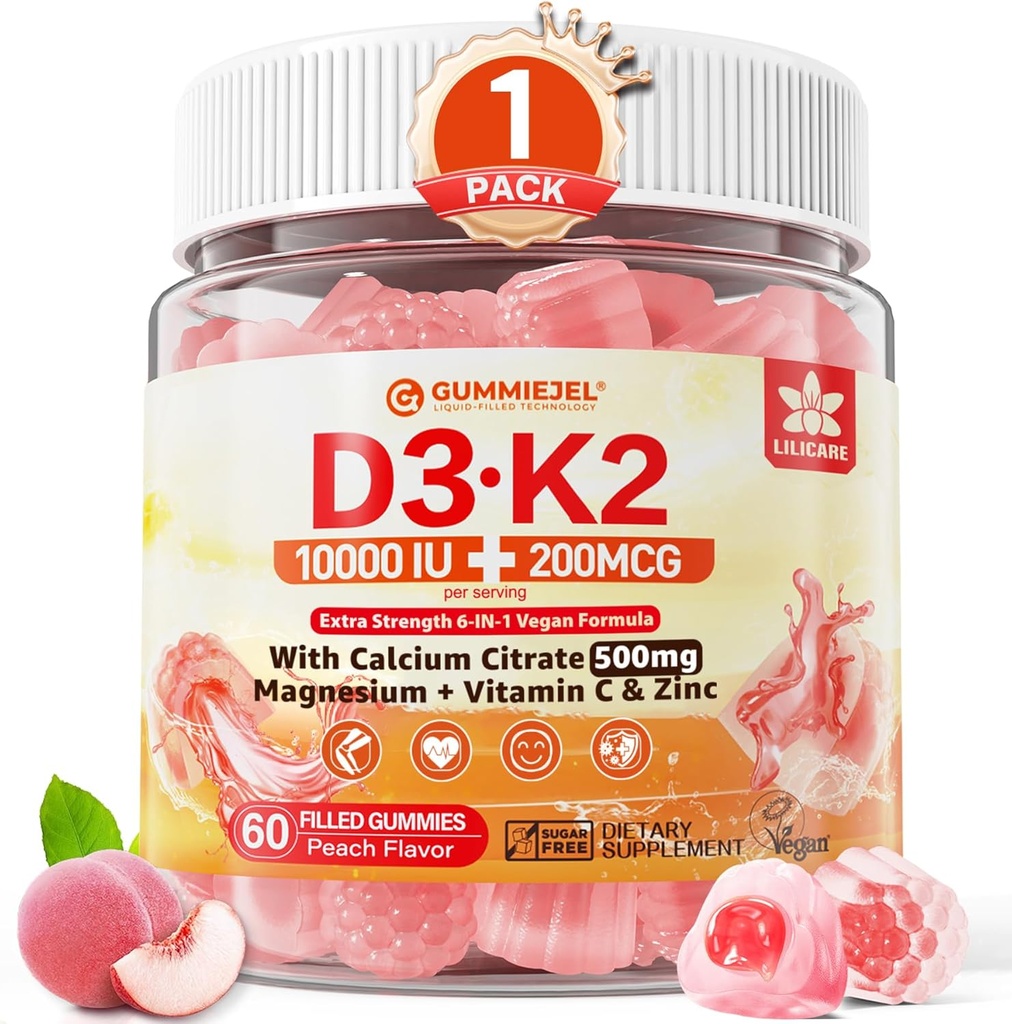 Vitamin D3 K2 Gummies 5000IU / 10,000 IU with 500mg Calcium + K2(MK-7) 200mcg, Magnesium, Vitamin C & Zinc, Extra Strength - Ultimate Absorbency for Bones, Muscles, Teeth, Vegan, 60 Count (Pack of 1)
