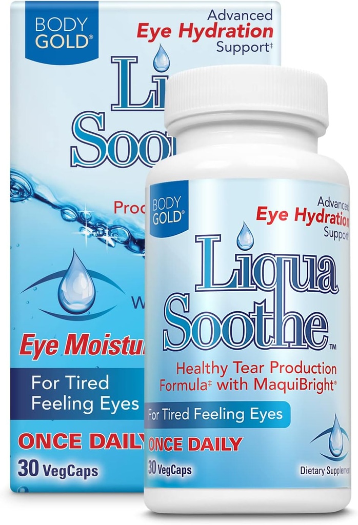 Body Gold Liqua Soothe Eye Health Supplement, sağlıklı Çayr Production Formula için Kuru, Tired Duygu Gözler, w/MaquiBright, A, Lutein ve Hyaluronic Acid, 60 Day Garanti, 30 Serv, 30 VegCaps