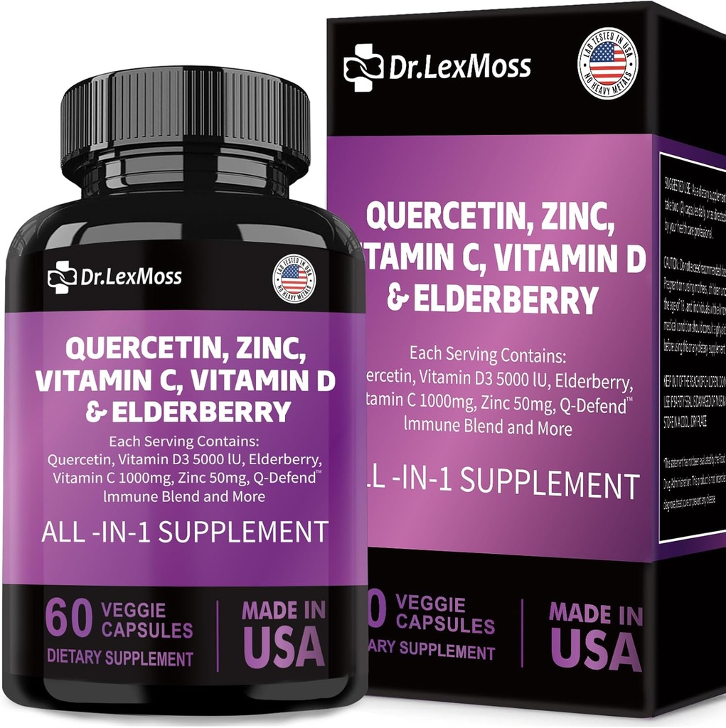 60 Kont Quercetin 1000 mg çinko 50mg Vitamin C 1000 mg D 5000IU Immune System Support Supplement with Echinacea Ginger Bromelain Sea Moss Moss Nettle Vegan Capsules for Men and Women, ABD ABD
