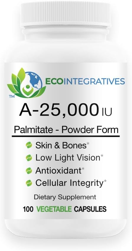 A-25,000 IU Palmitate Toz Form (100 Capsules) Non-GMO, Supports Low Light Vision, Immune Support, Cellular Integrity of Skin & Bones, Antioksi (Stand)