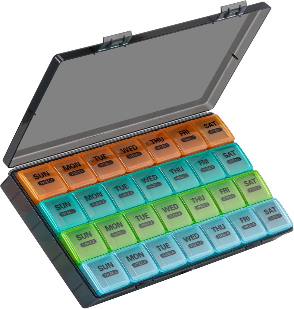 Monthly Pill Organizer, 28 Day Pill Box 1 Time a Day with Dust-Proof Case, Large 4 Weeks a Month Pill Case Container, Daily Vitamin Case Box for Pills/Medicine/Fish Oil/Supplements（Colorful）
